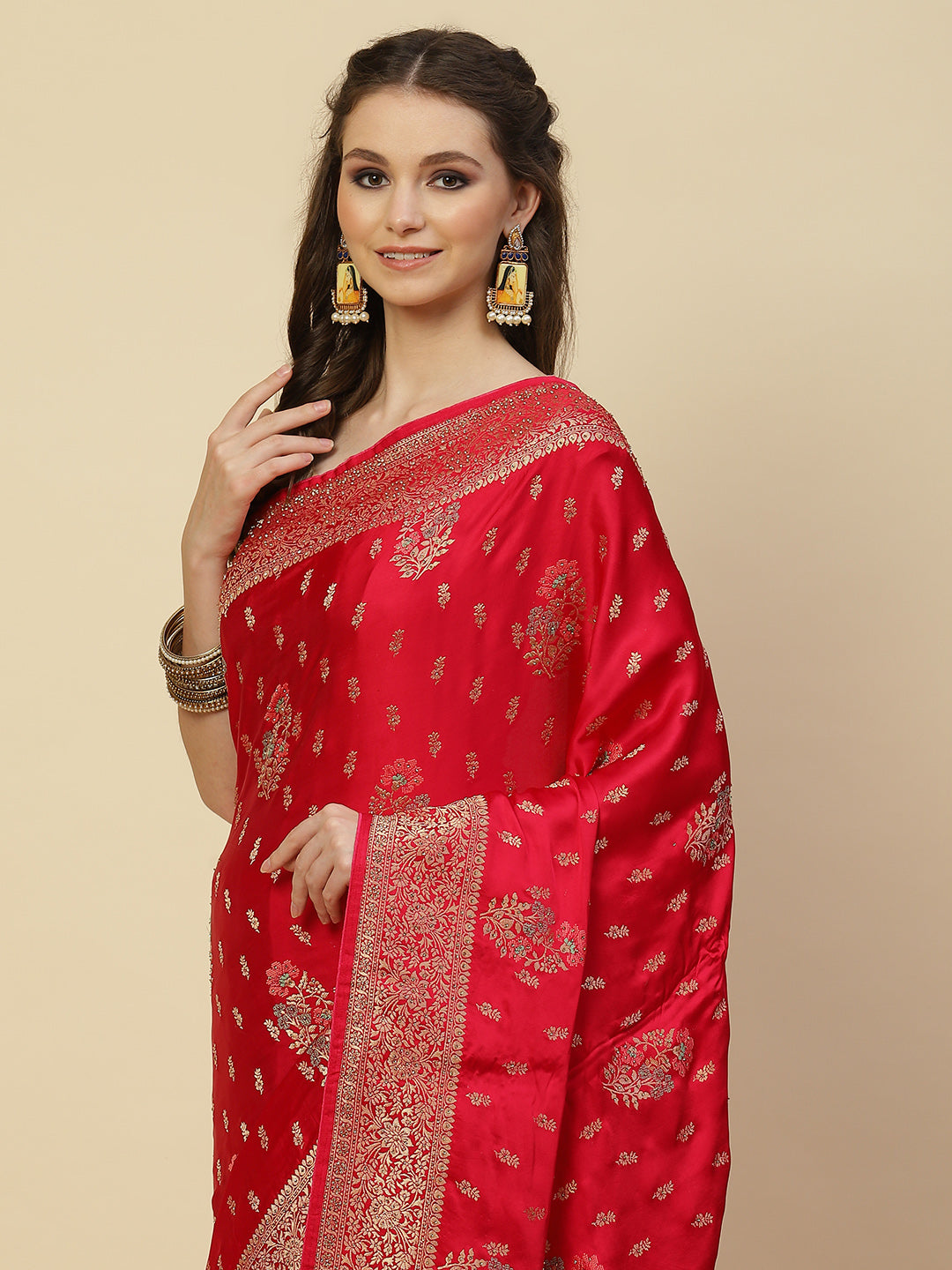 Zari Border Booti Satin Woven Saree