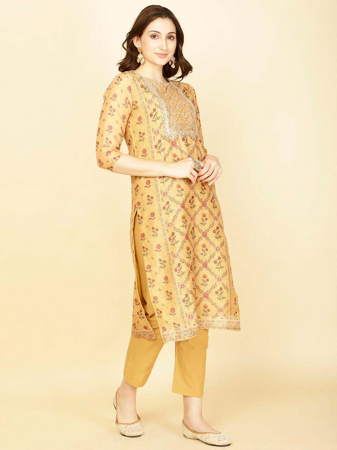 Floral Printed Chanderi Kurta With Pants &amp; Dupatta