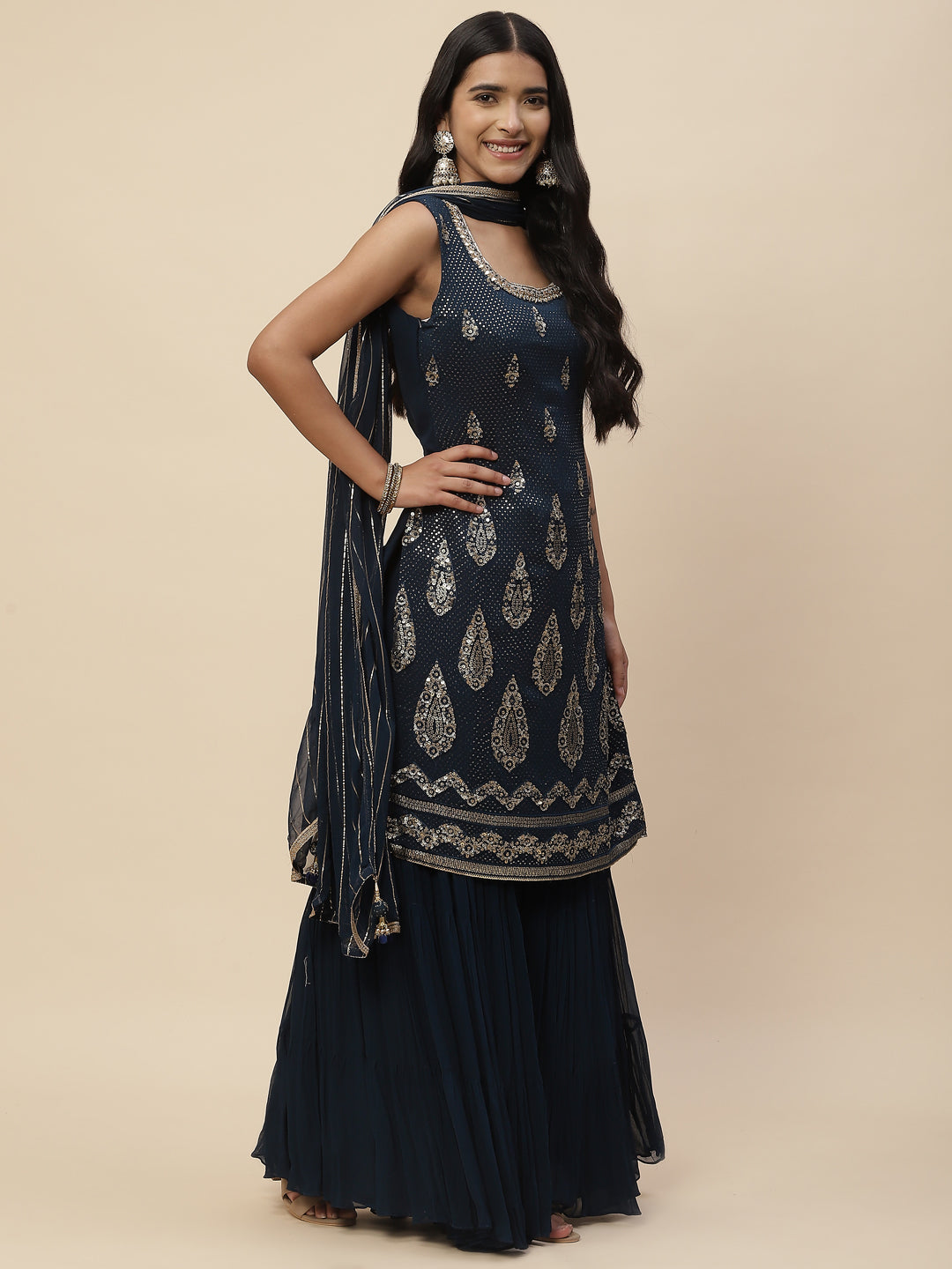 Sequin Embroidered Georgette Kurta With Sharara &amp; Dupatta