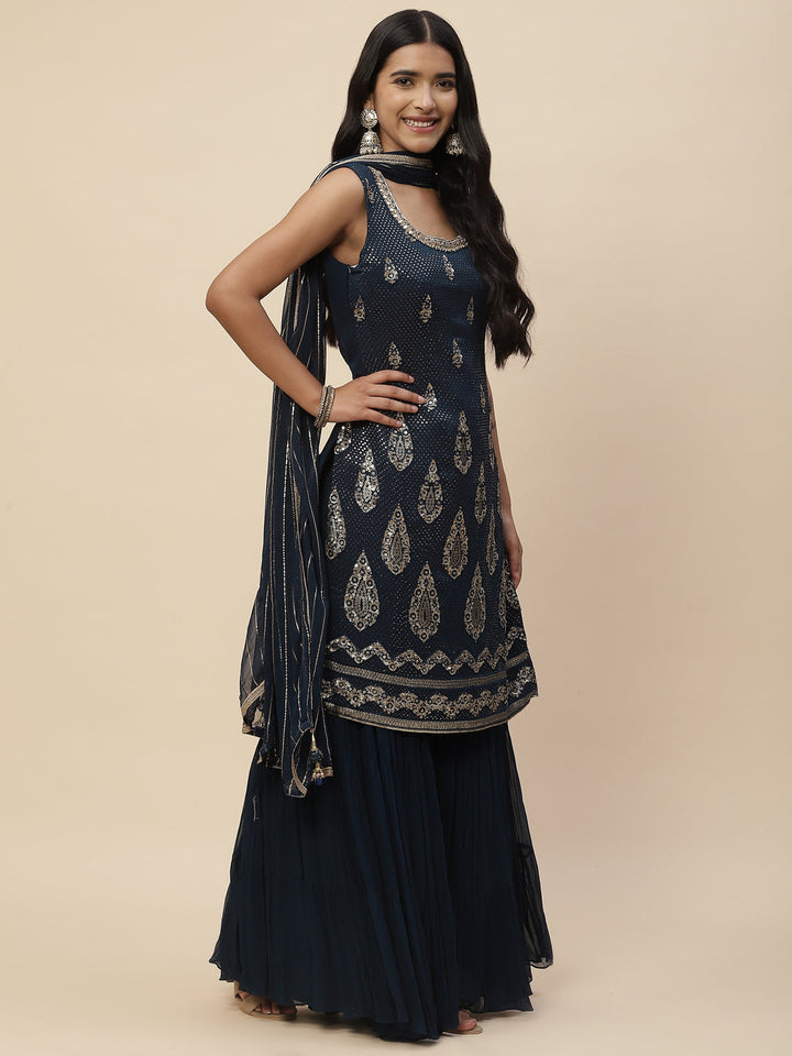 Sequin Embroidered Georgette Kurta With Sharara &amp; Dupatta