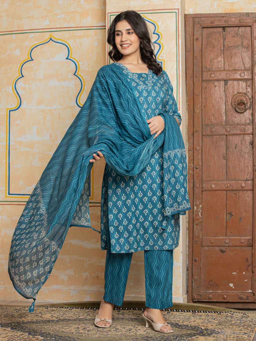 Light Blue Embroidered Cotton Blend Straight Suit Set With Dupatta