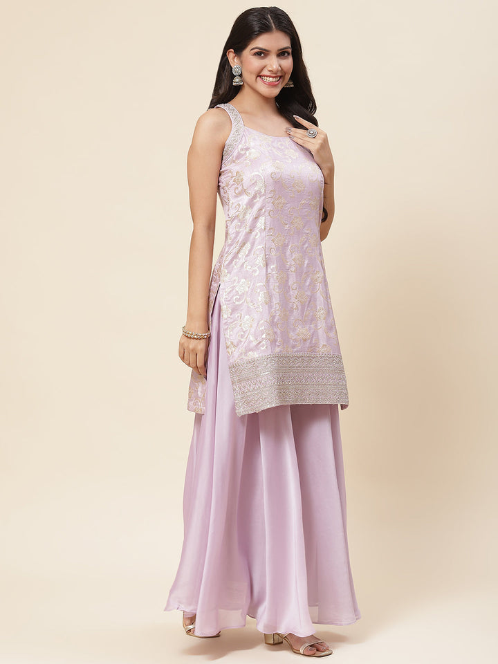 Floral Woven Georgette Kurta With Sharara &amp; Dupatta