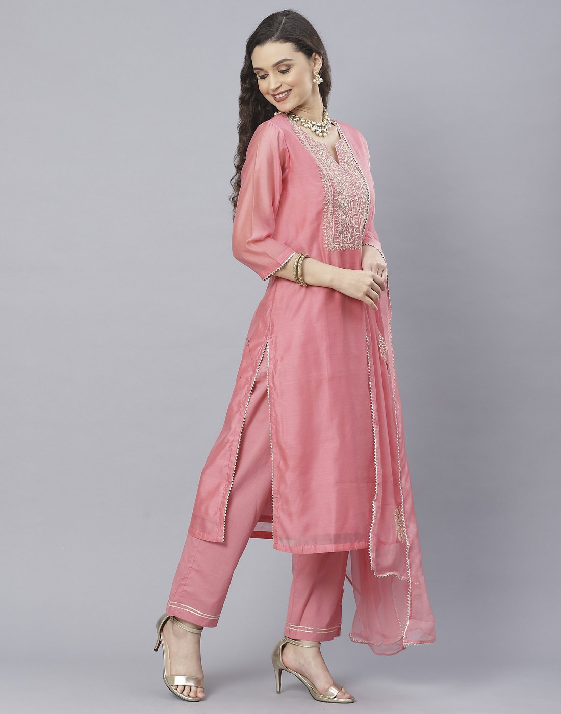 Peach Pink and Yellow Cotton Chanderi Salwar Kameez