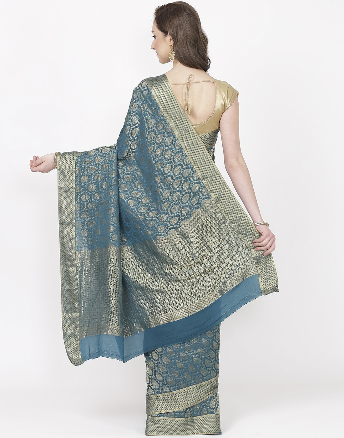 MBZ Meena Bazaar-Peacock Blue Crepe Saree