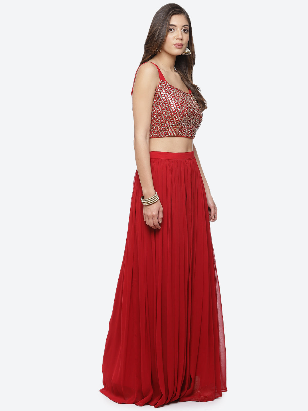 Mirror Work Georgette Crop Top With Palazzo &amp; Jacket