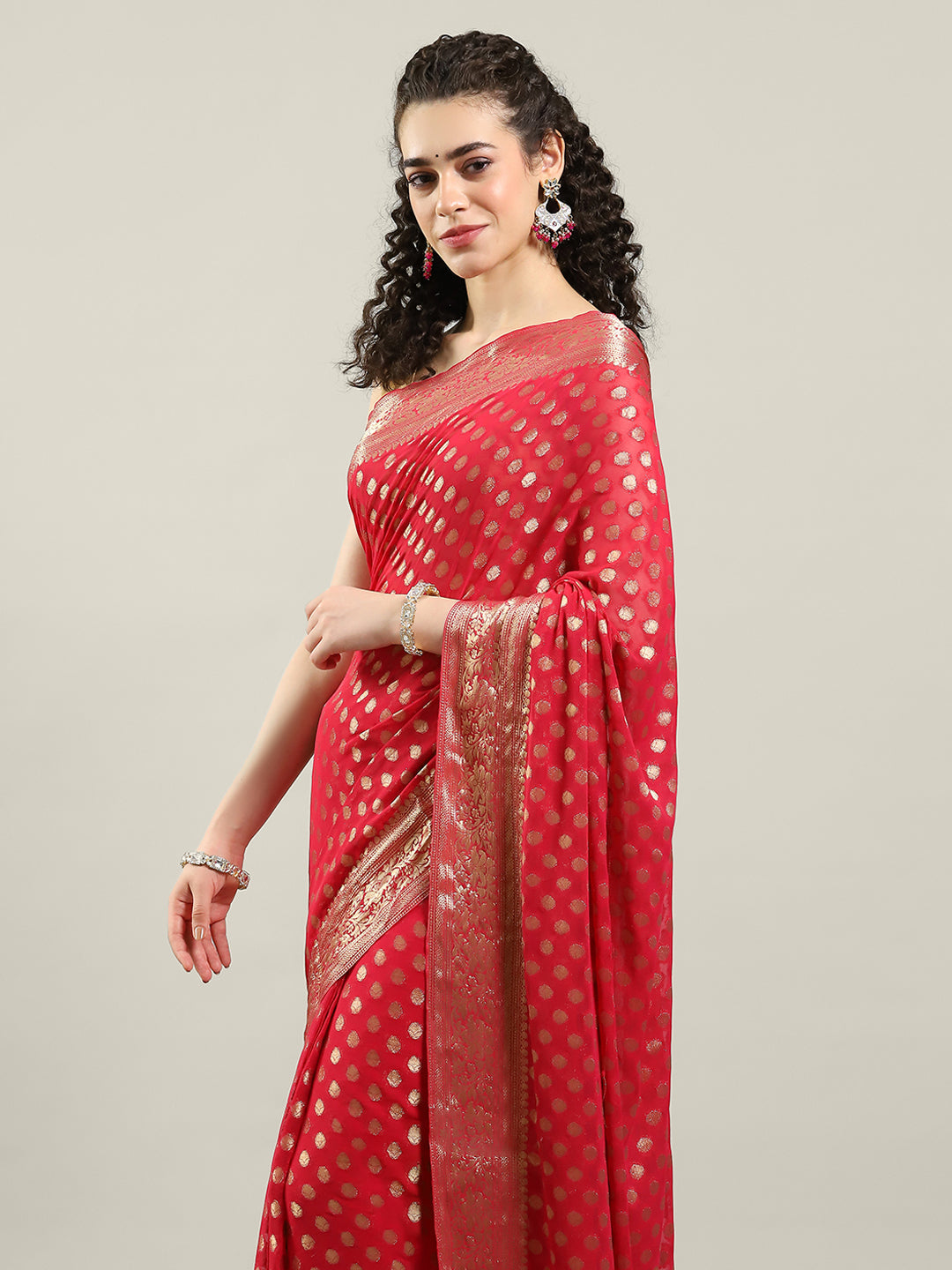 Zari Border Booti Chiffon Woven Saree