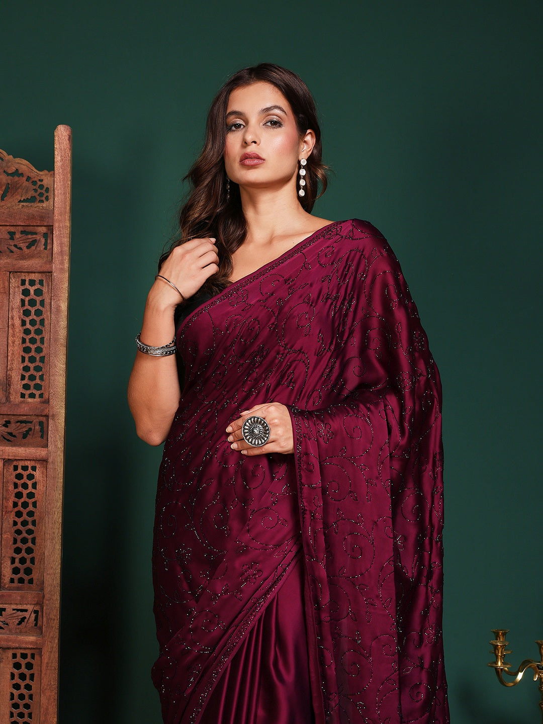 Embroidered Satin Saree