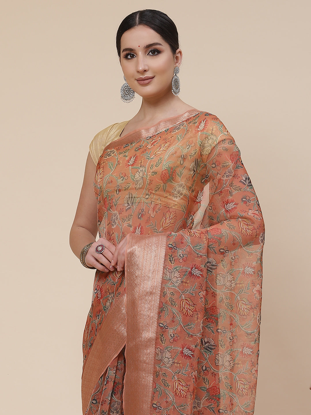 Floral Digital Printed Zari Border Organza Saree