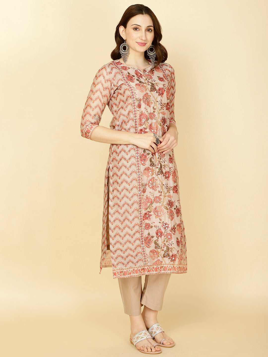 Floral Printed Chanderi Kurta With Pants &amp; Dupatta