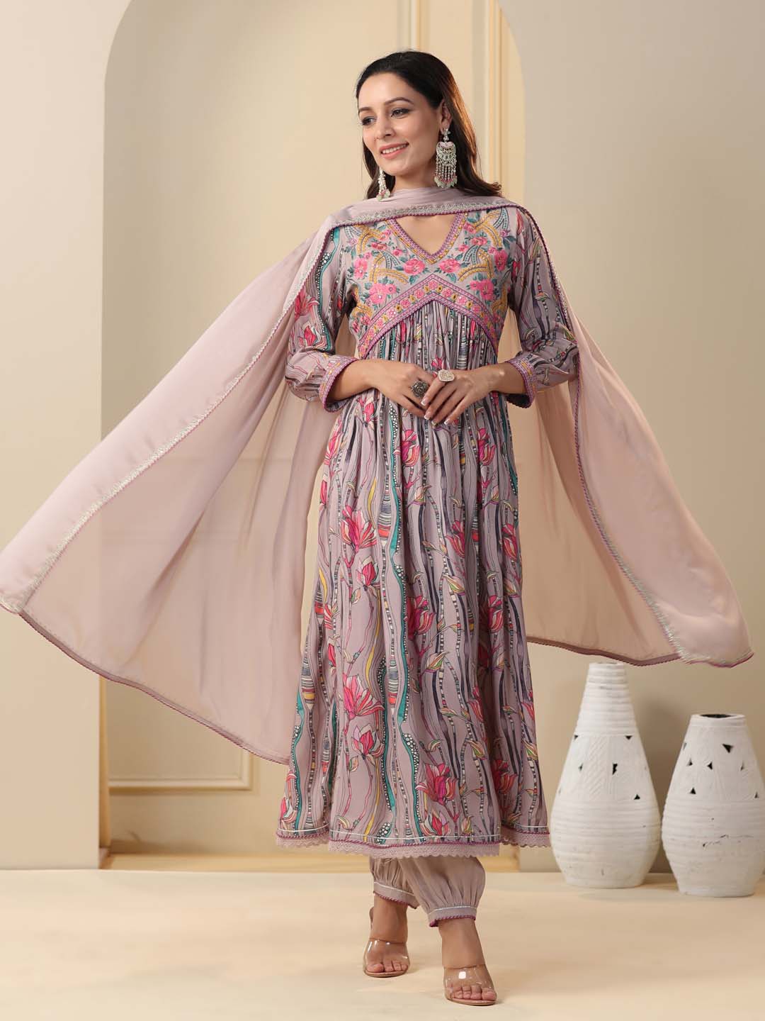 Printed Cotton Kurta With Pants &amp; Dupatta