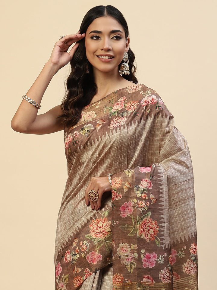 Digital Floral Zari Border Tussar Saree