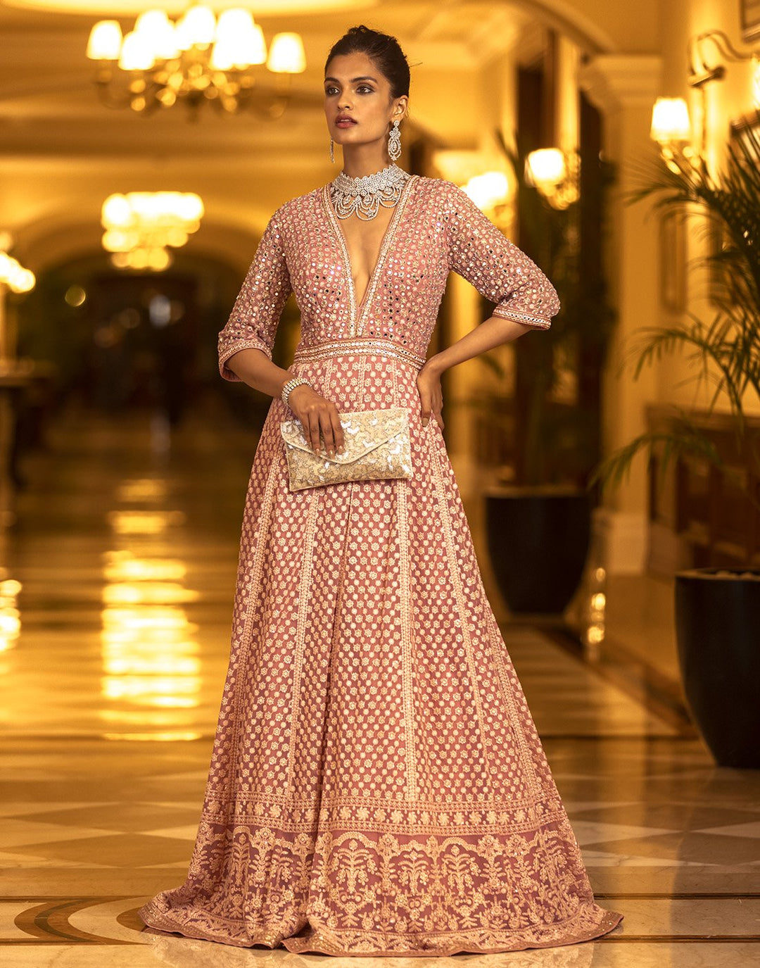 Mirror Work Embroidered Georgette Anarkali Salwar Kameez Stitched Suit