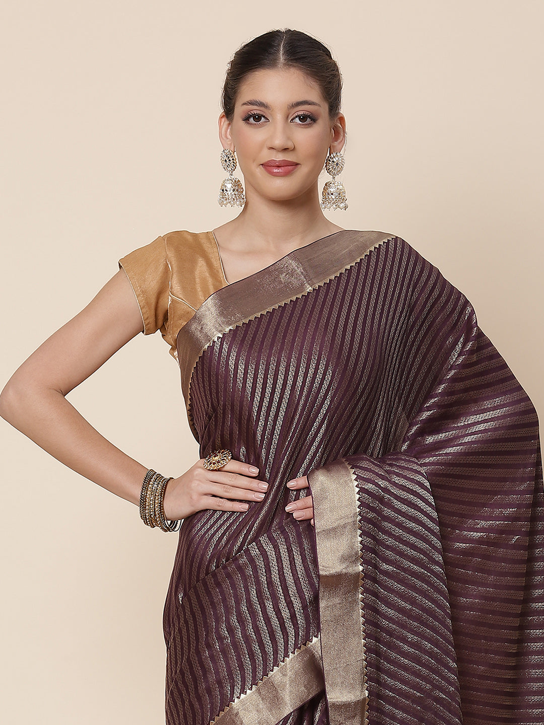 Striped Brocade Georgette Plain Saree