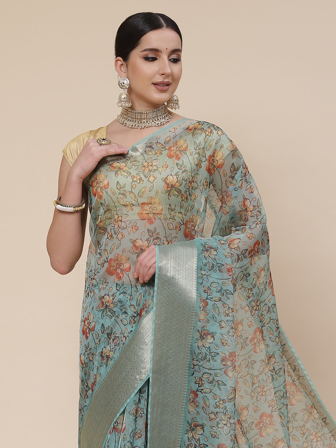 Floral Digital Printed Zari Border Organza Saree