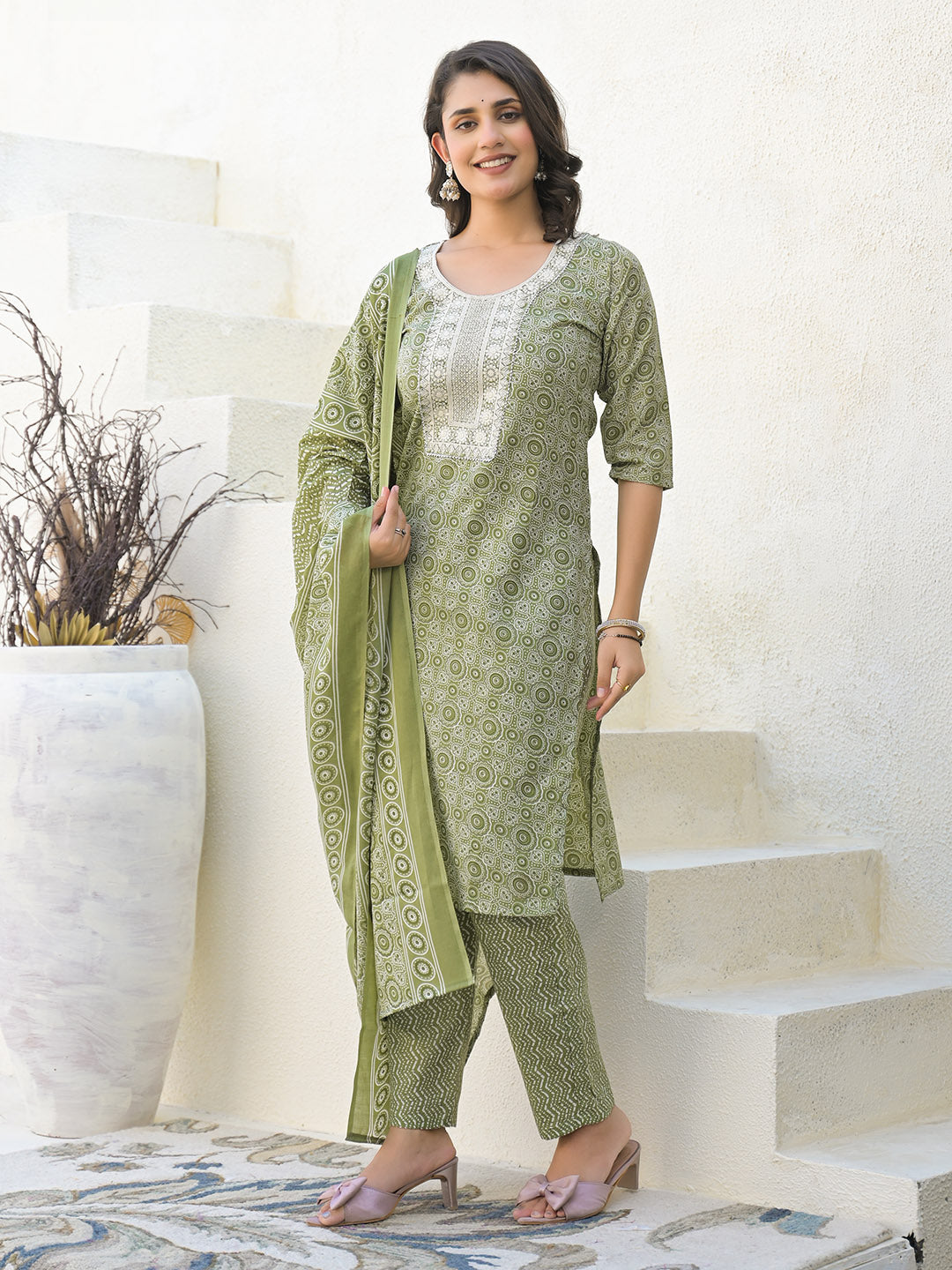 Floral Printed Cotton Kurta With Pants &amp; Dupatta