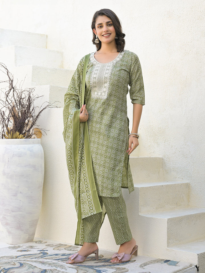 Floral Printed Cotton Kurta With Pants &amp; Dupatta