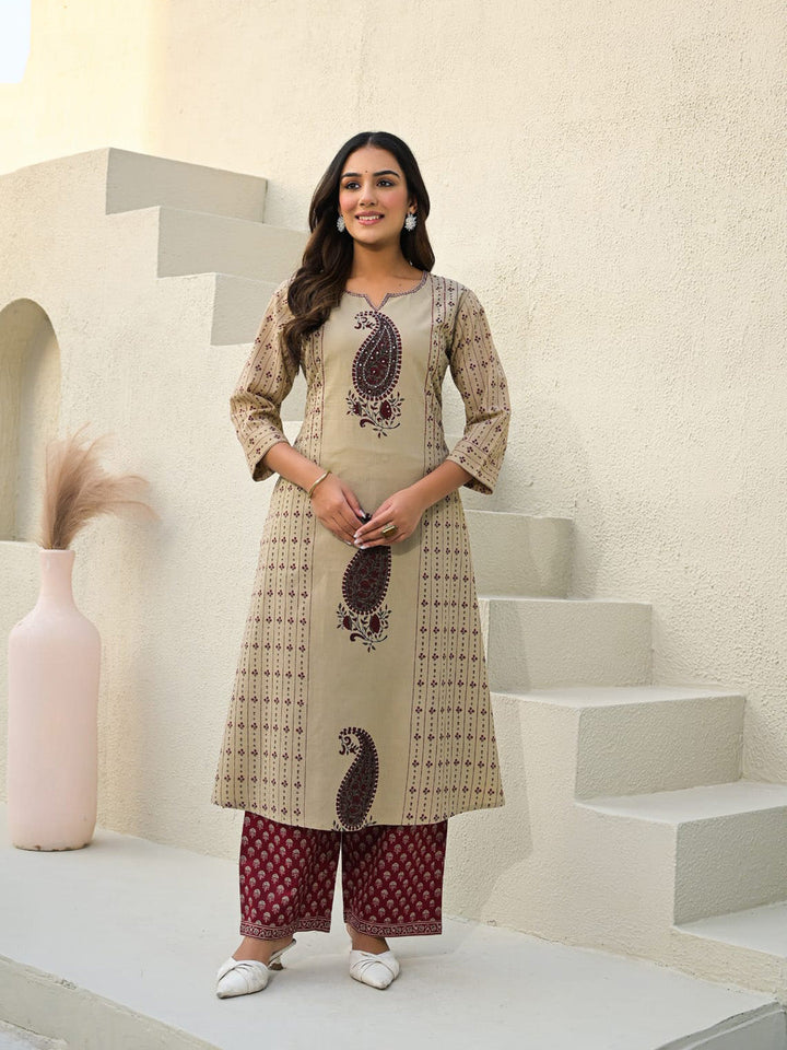 Beige Red Cotton Blend Printed Straight Suit Set