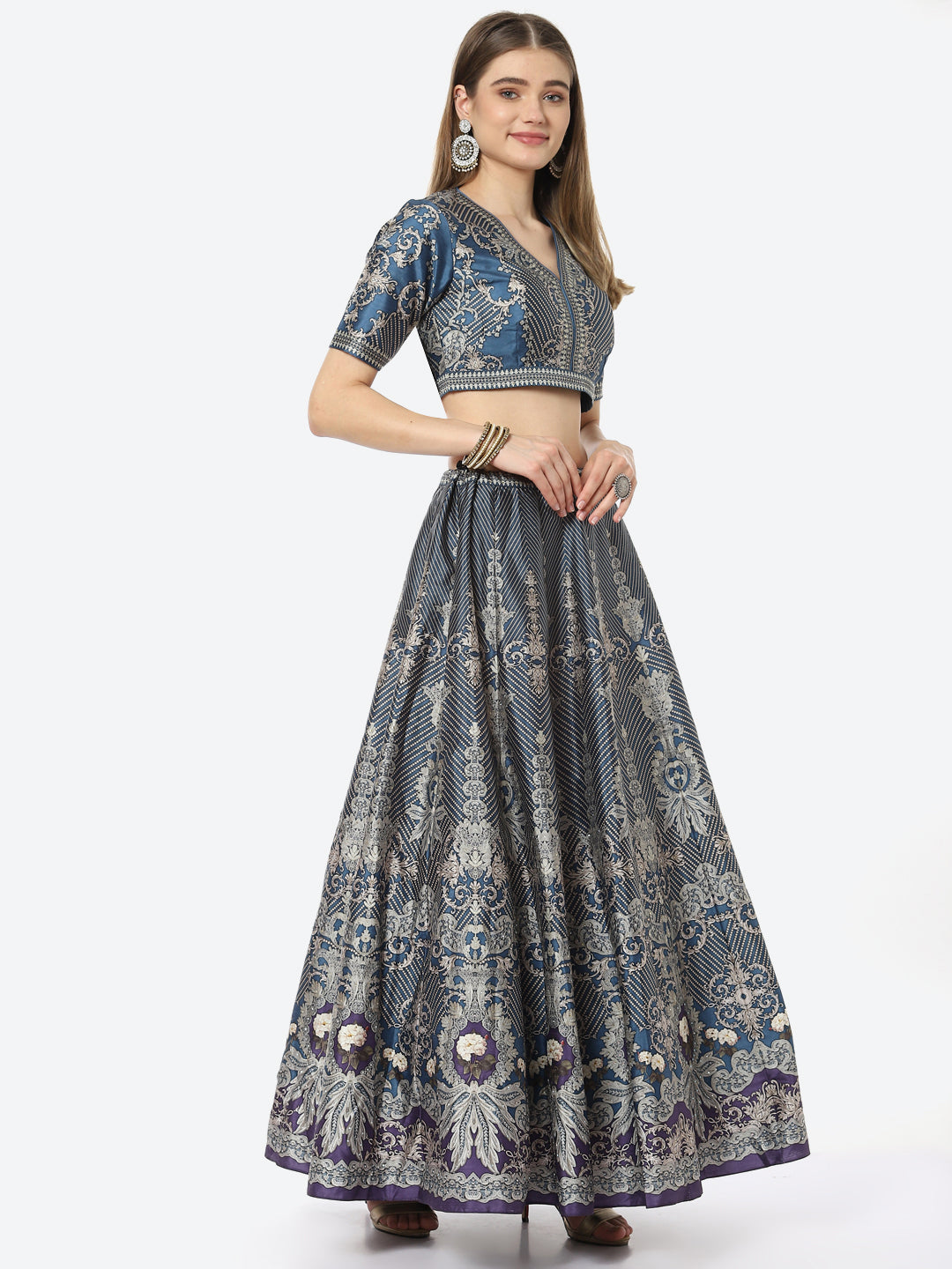 Digital Floral Printed Art Tussar Choli With Lehenga &amp; Net Dupatta