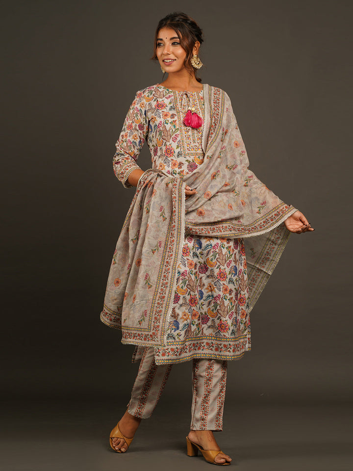 Floral Printed Muslin Kurta With Pants &amp; Dupatta