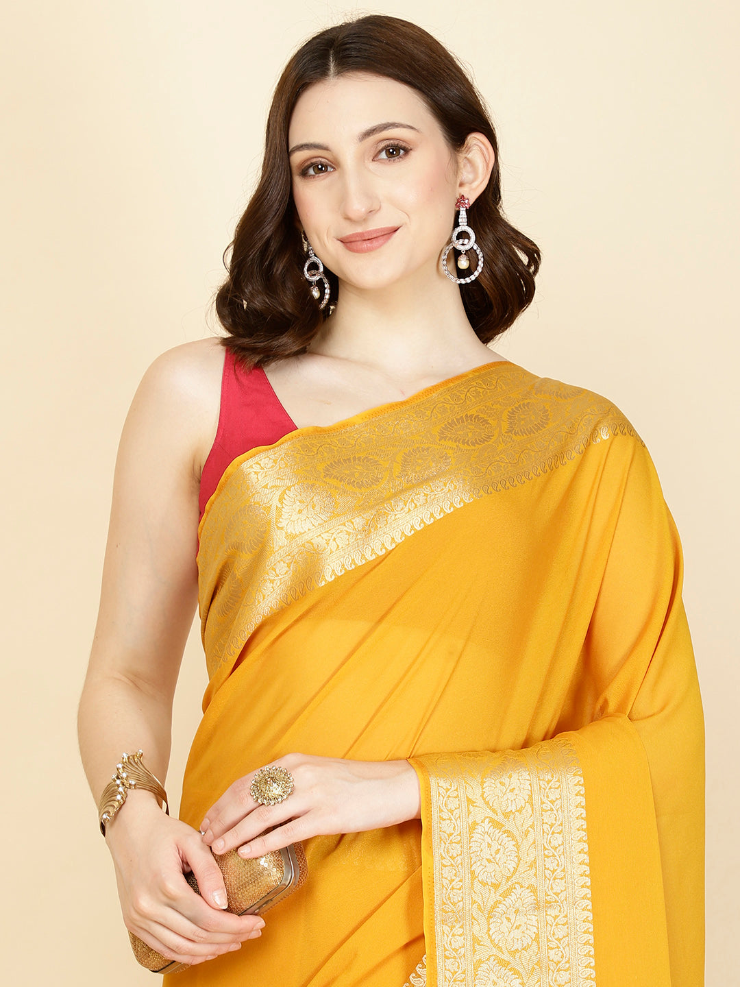 Plain Zari Border Georgette Saree