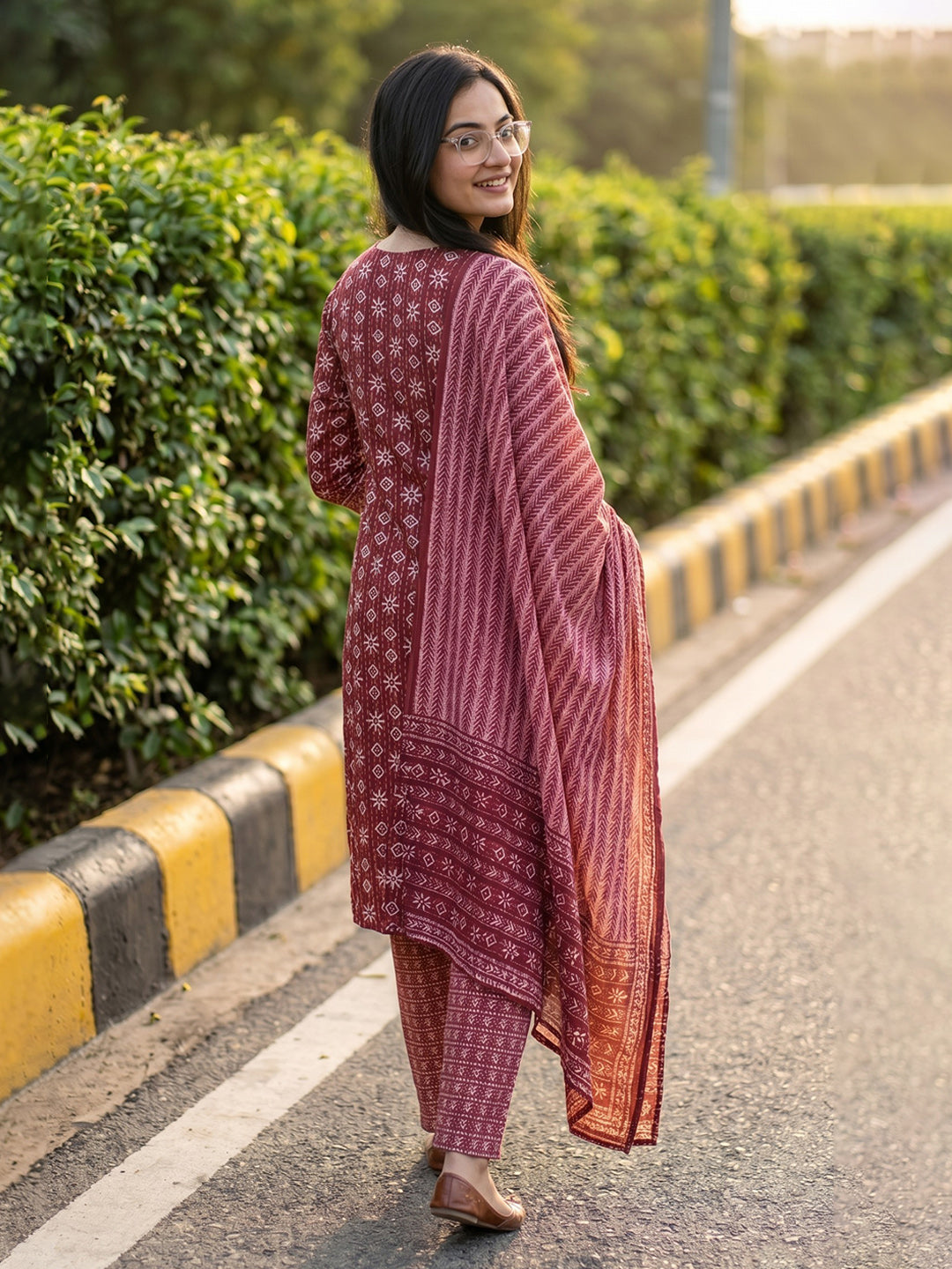 Maroon Printed Cotton Blend Straight V Neck Suit Set