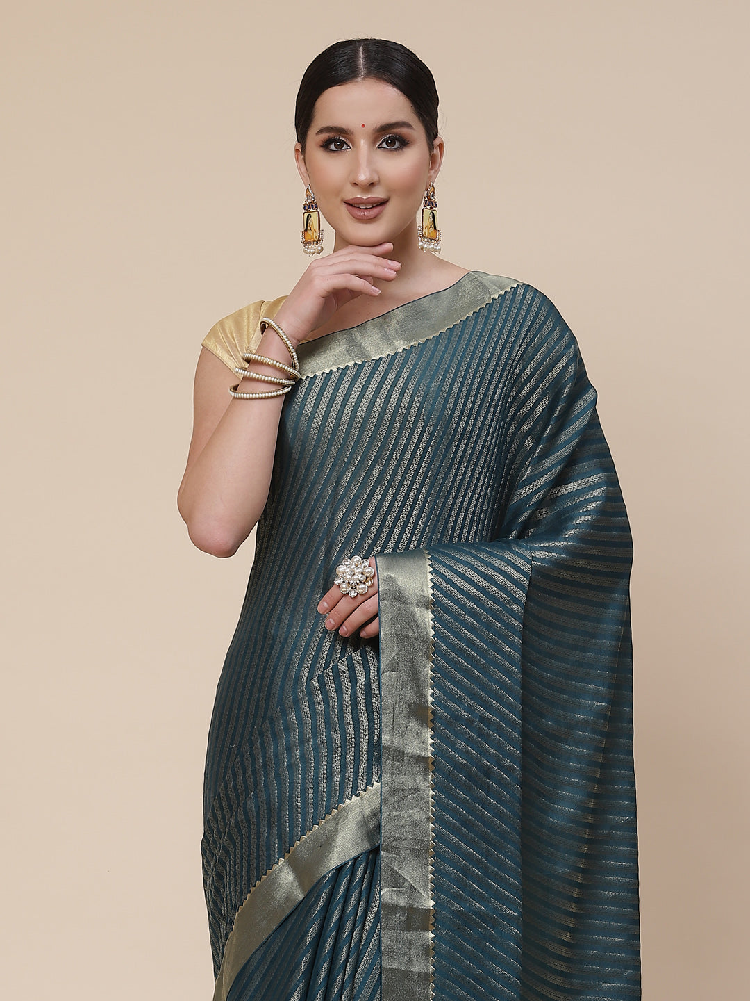 Striped Brocade Georgette Plain Saree