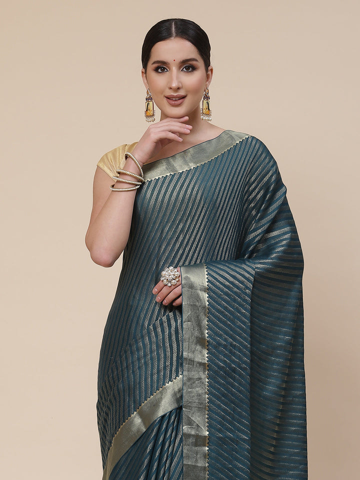 Striped Brocade Georgette Plain Saree