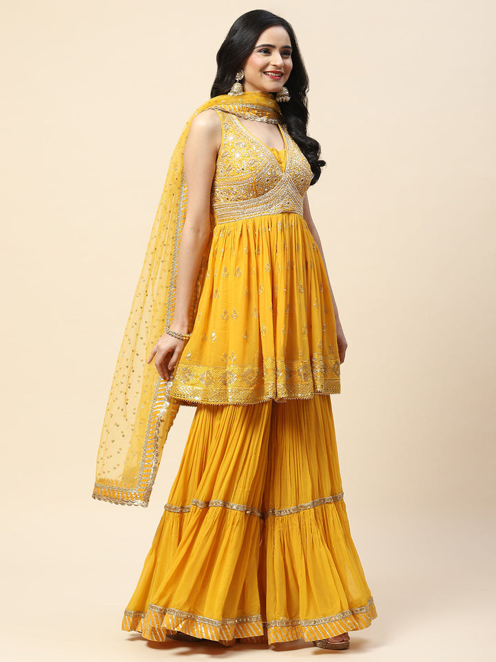 Resham Sequin Embroidered Georgette Kurta With Palazzo &amp; Dupatta