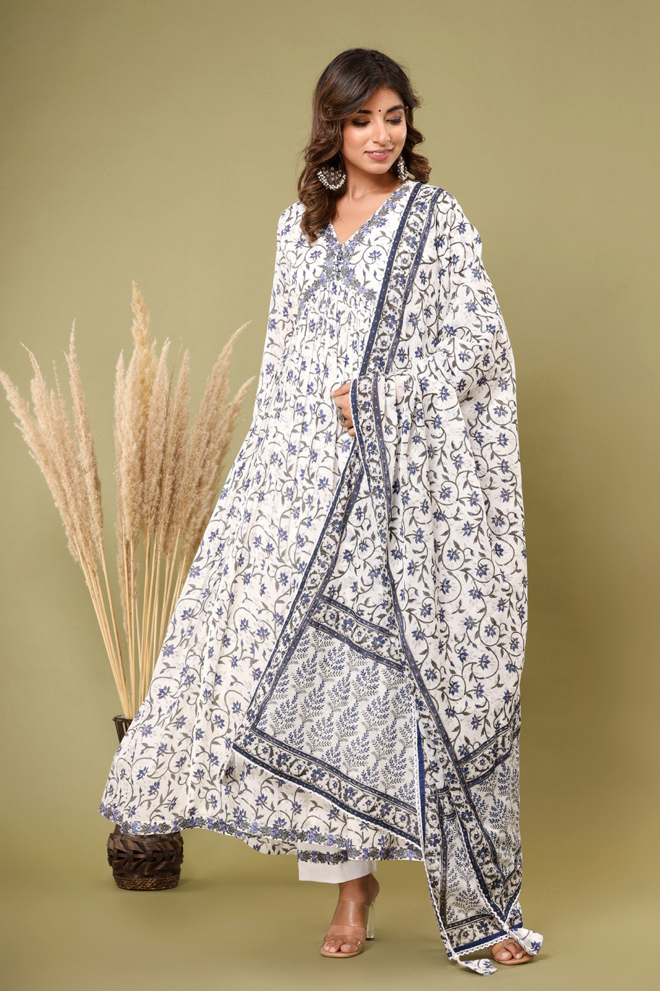 Printed Cotton Kurta With Pants &amp; Dupatta