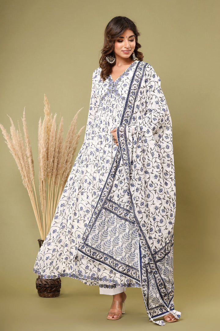 Printed Cotton Kurta With Pants &amp; Dupatta