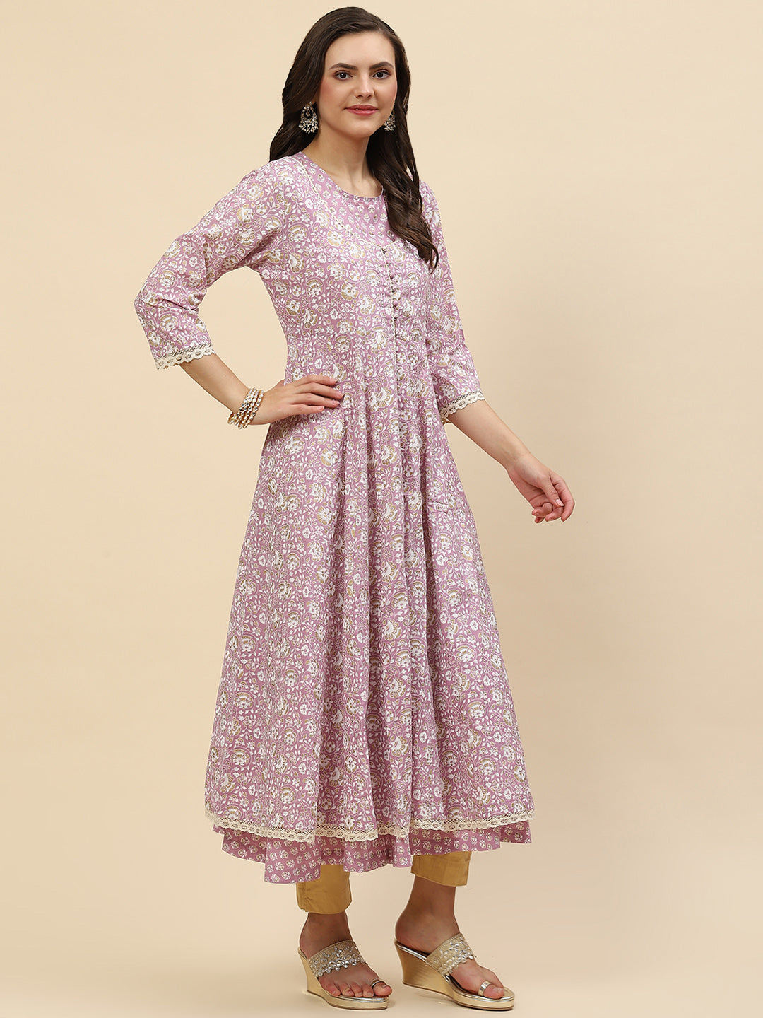 Floral Printed Cotton Anarkali Kurta With Jacket