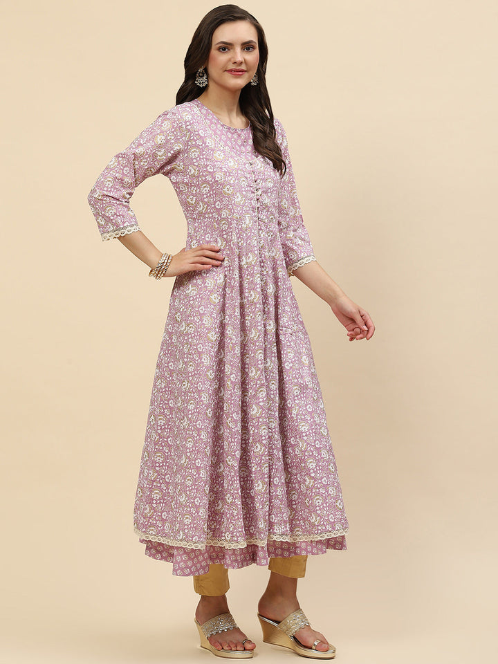Floral Printed Cotton Anarkali Kurta With Jacket