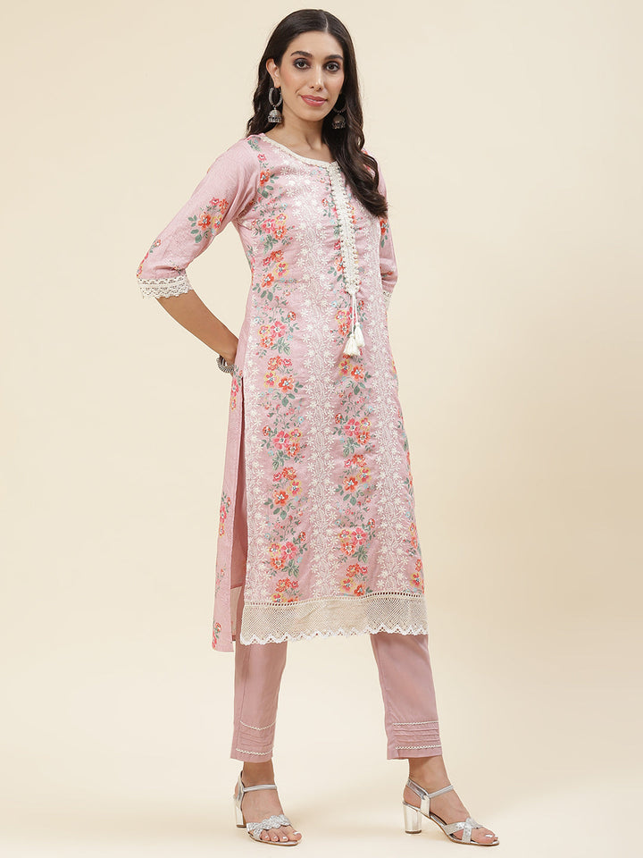 Floral Printed &amp; Embroidered Cotton Kurta With Pants &amp; Dupatta
