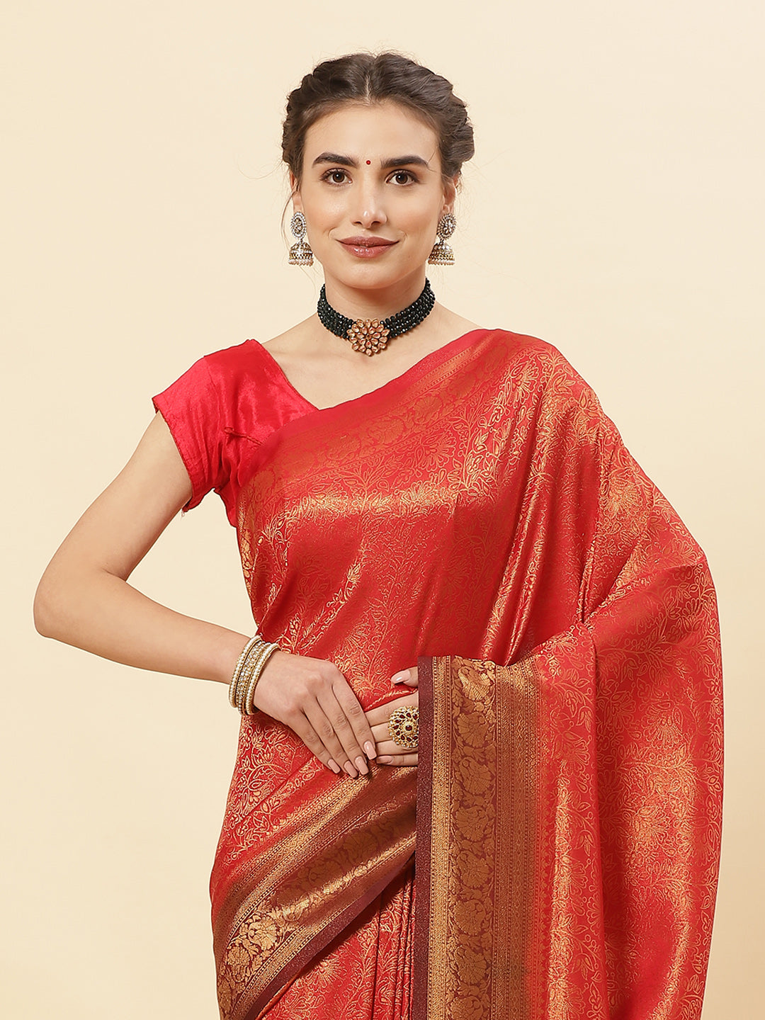 Brocade Zari Jaal Art Handloom Saree With Contrast Border