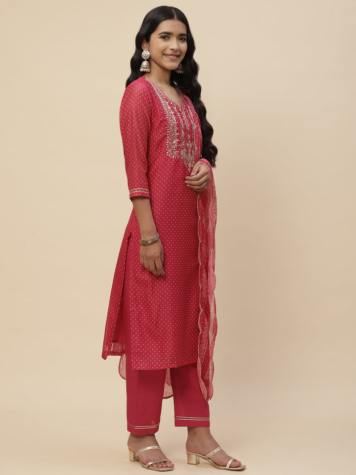 Zari Neck Embroidered Chanderi Kurta With Pants &amp; Dupatta