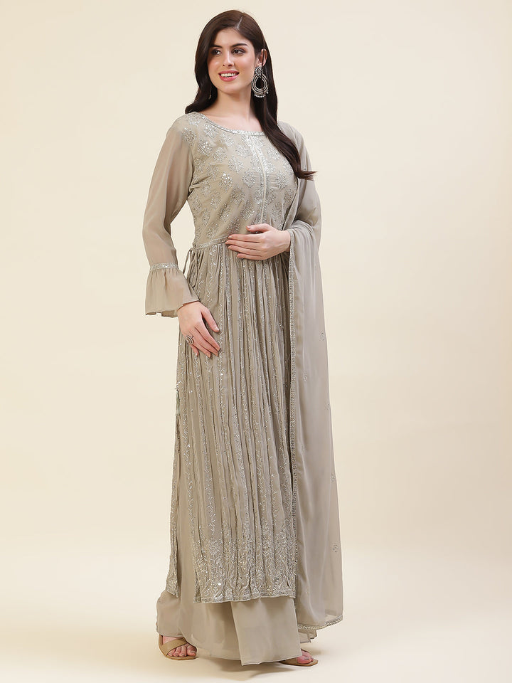 Sequin Embroidered Booti Georgette Kurta With Palazzo &amp; Dupatta