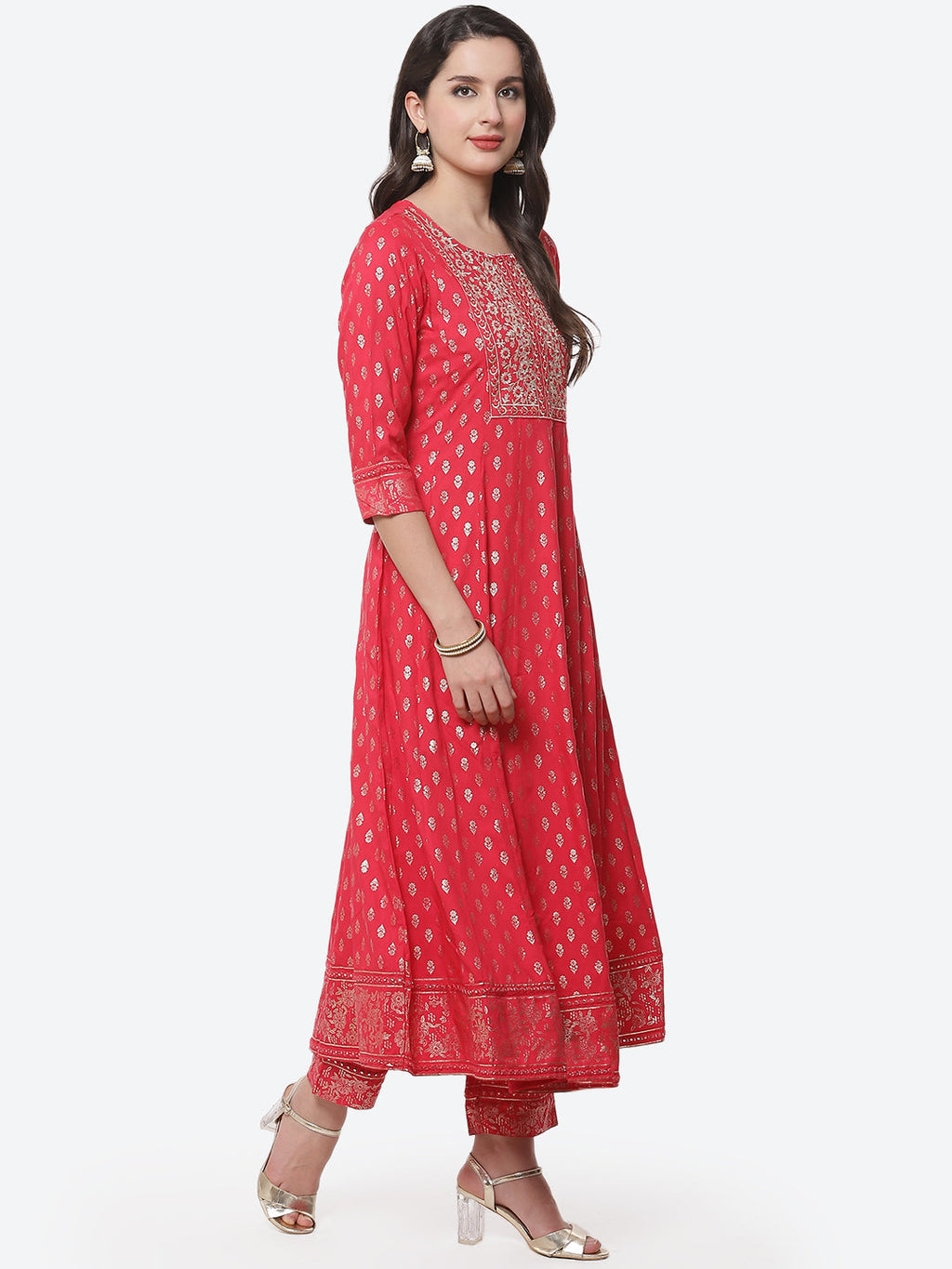 Printed Zari Neck Cotton Stitched Anarkali Salwar Kameez With Chiffon Dupatta
