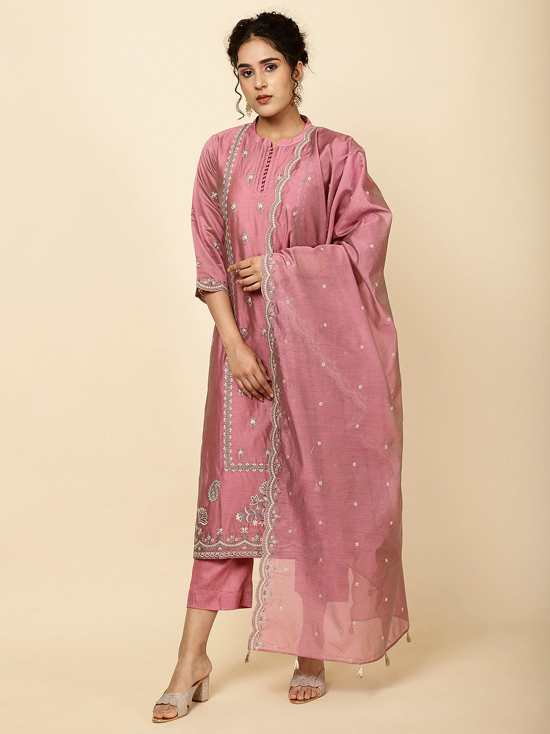 Embroidered Chanderi Kurta With Pants &amp; Dupatta