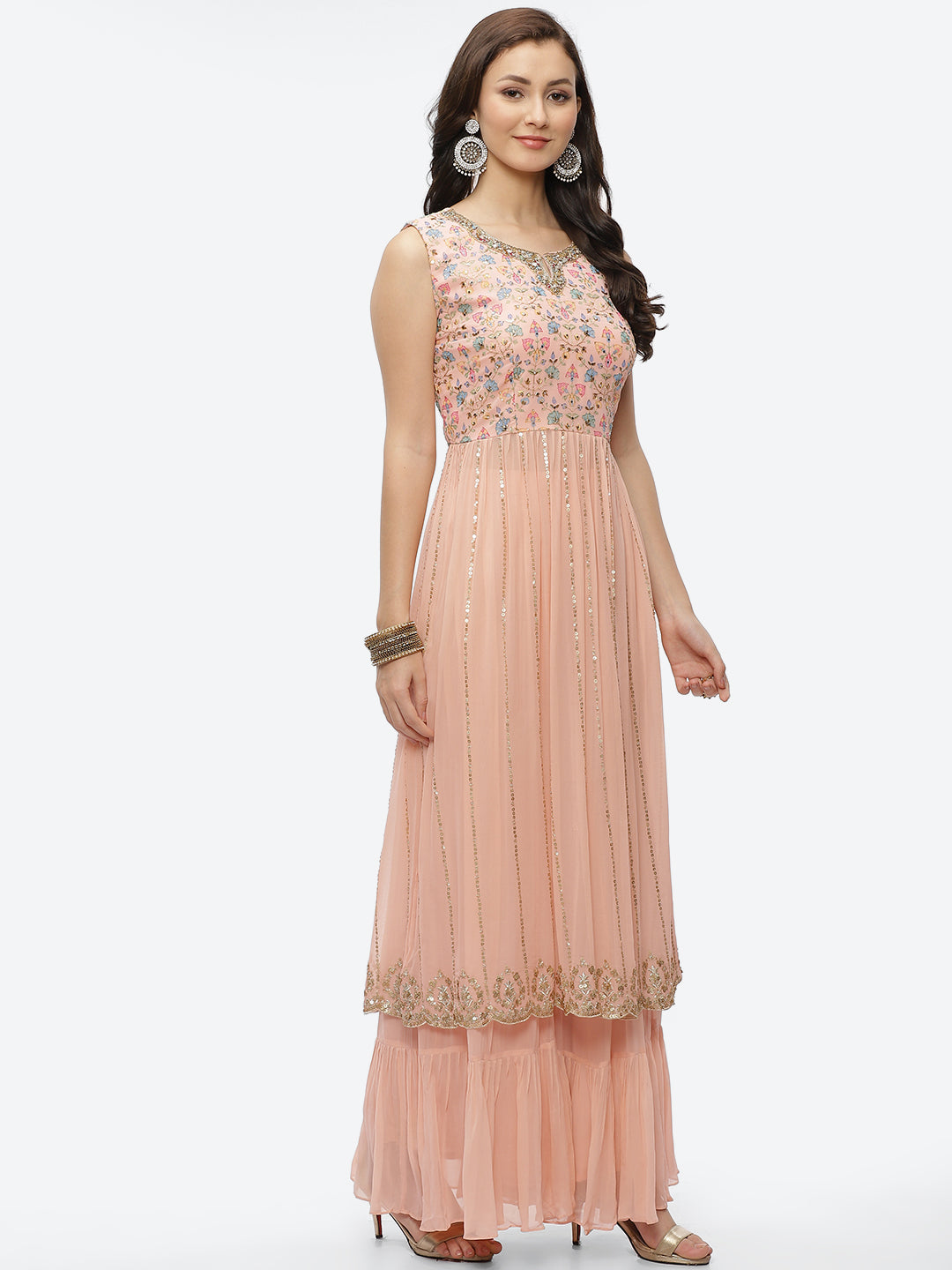 Zari Embroidered Georgette Kurta With Palazzo &amp; Dupatta