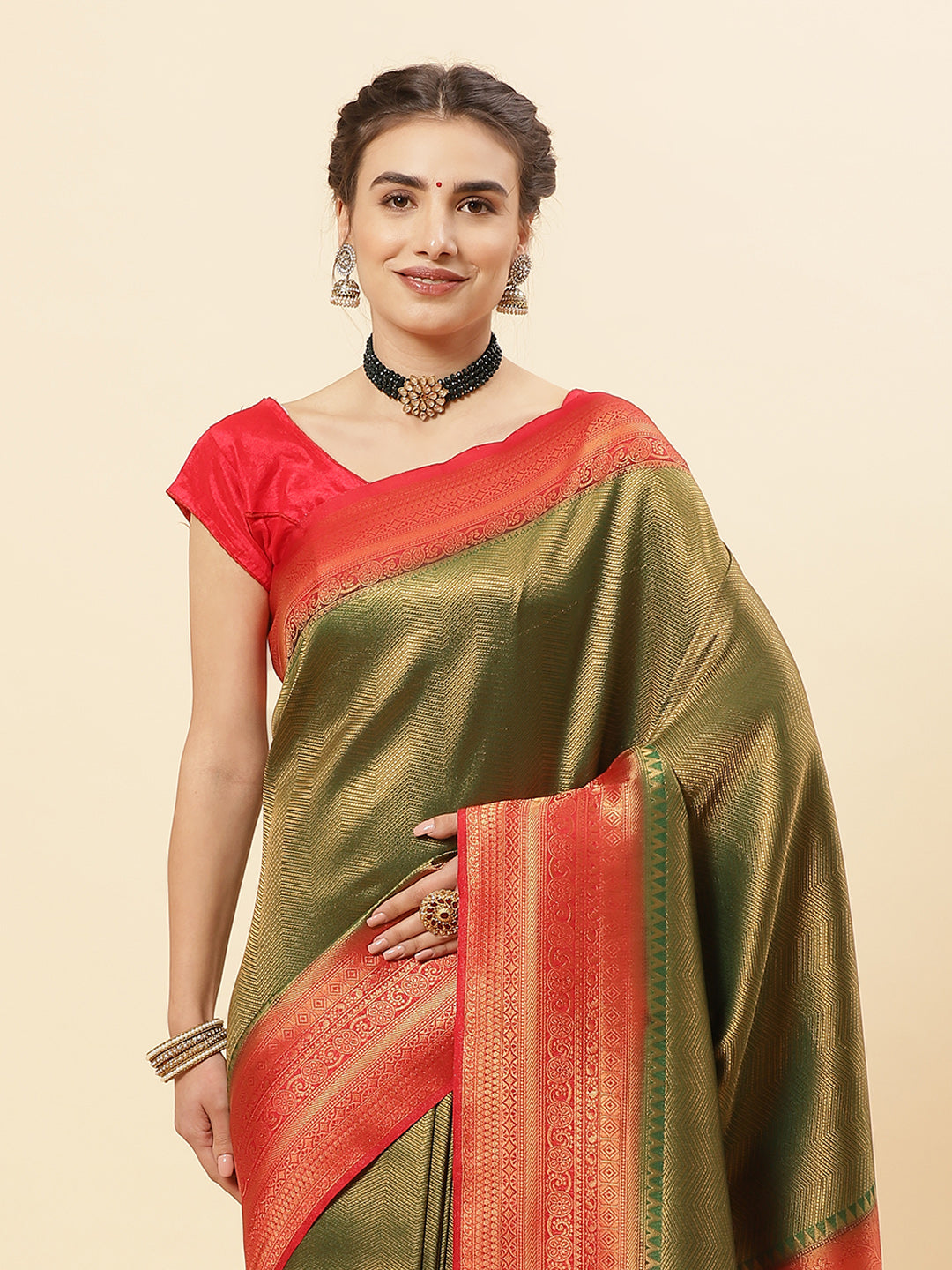 Brocade Zari Jaal  Art Handloom Saree With Contrast Blouse