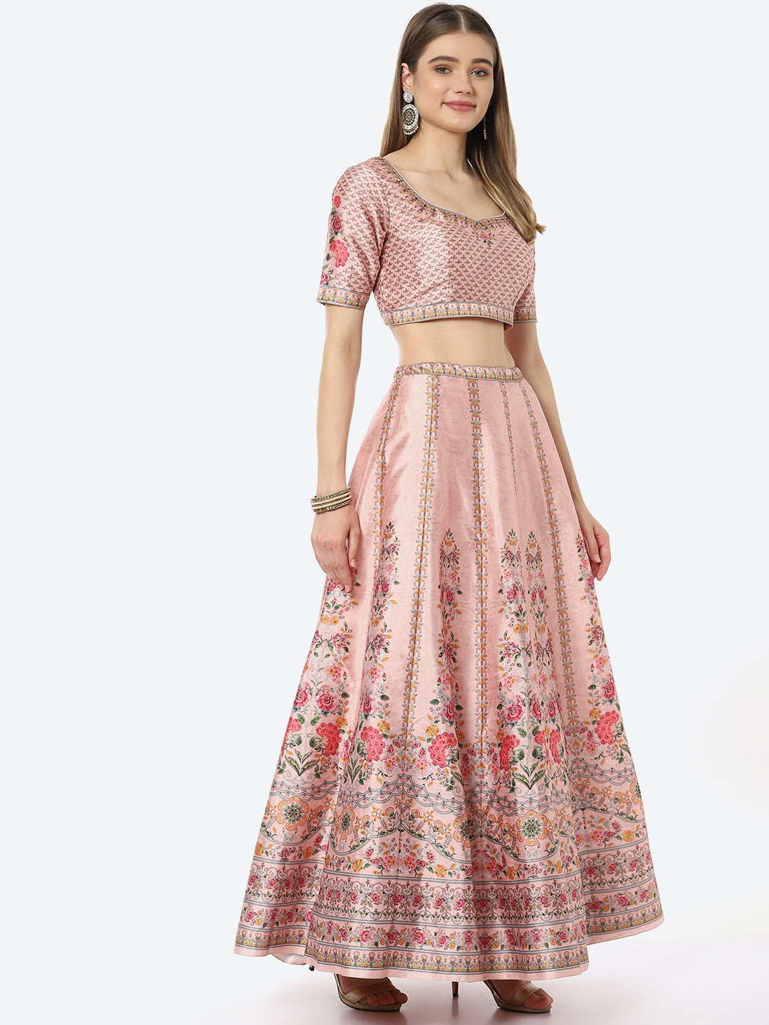 Floral Digital Printed Art Tussar Silk Choli With Lehenga &amp; Net Dupatta