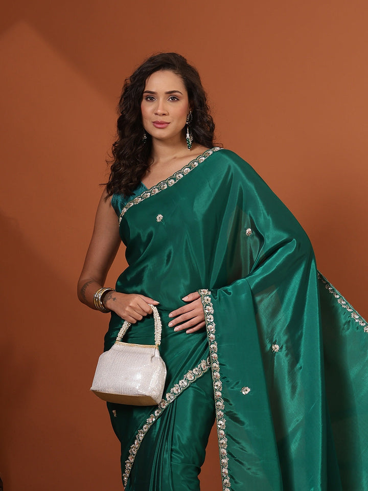 Sequin &amp; Cut Work Embroidered Crepe Saree