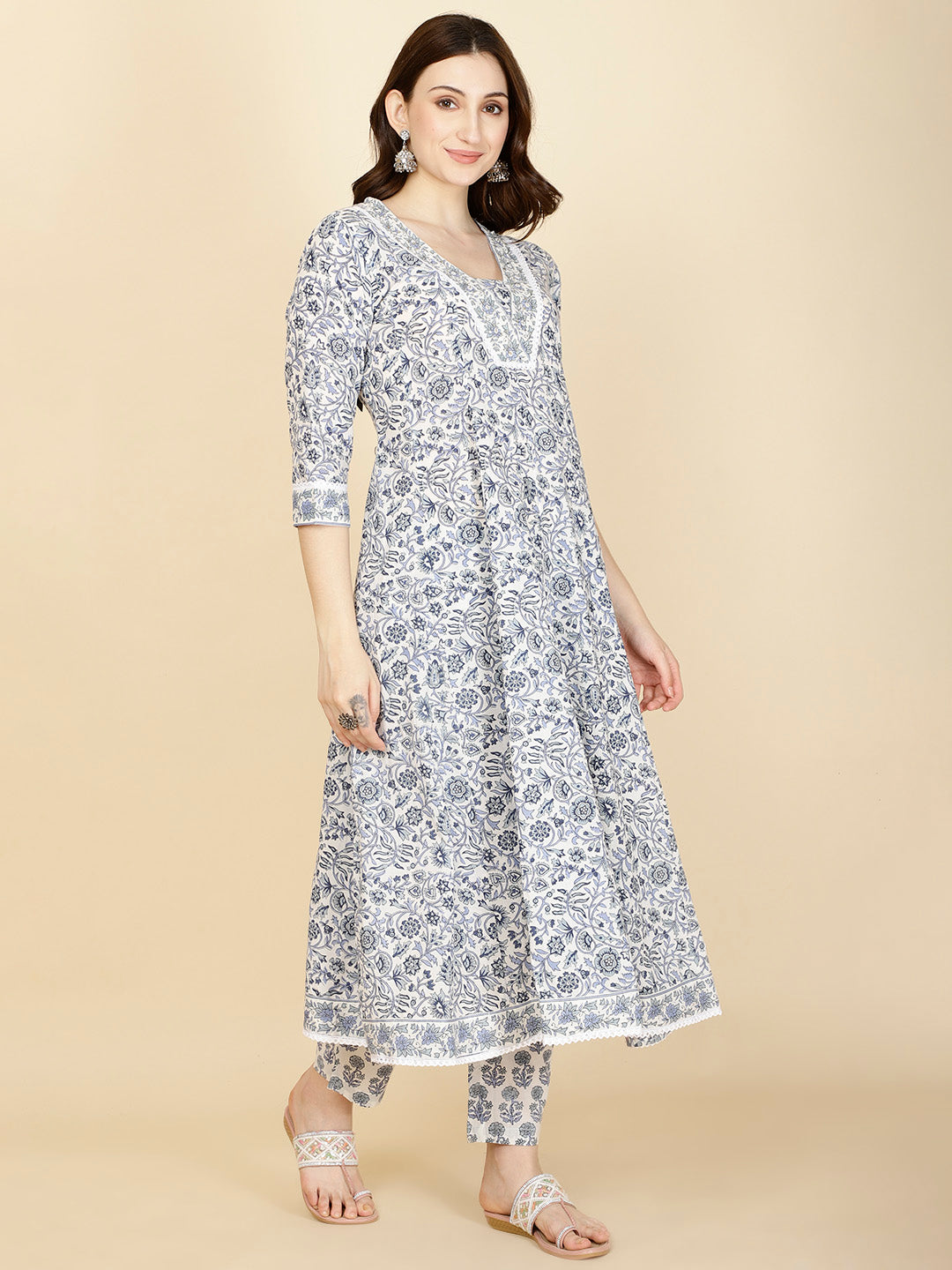 Floral Printed Cotton Kurta With Pants & Dupatta