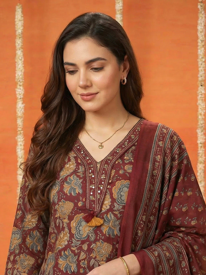 Printed Cotton Blend Kurta With Pant &amp; Dupatta