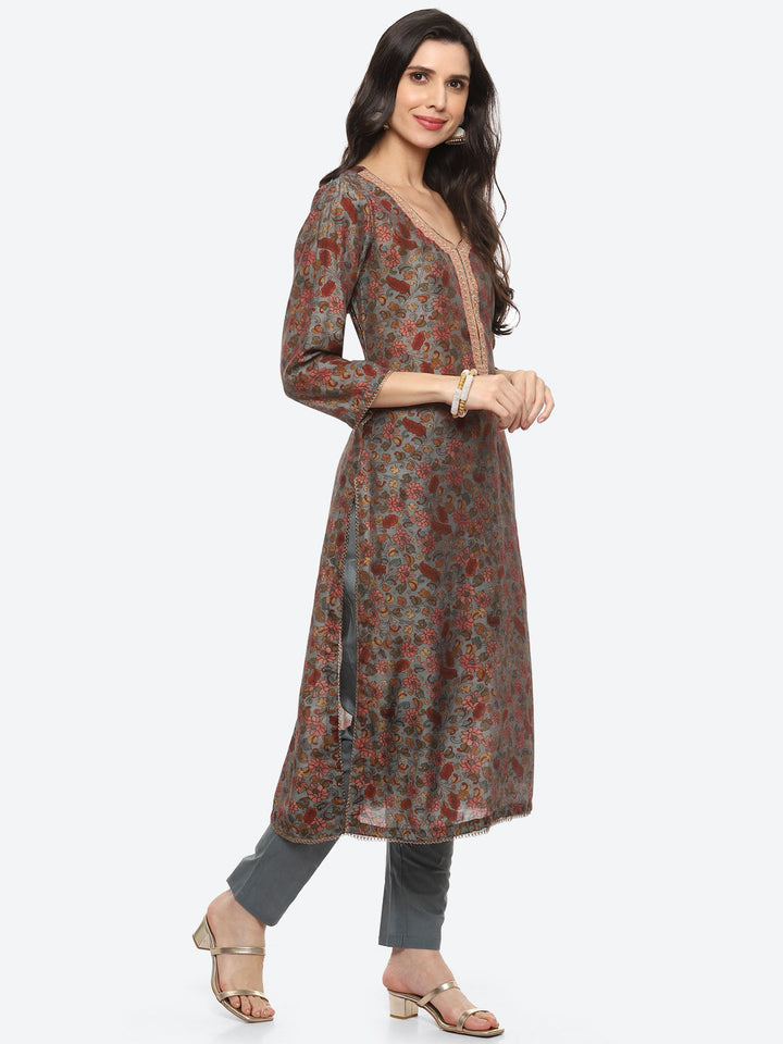 Sequin Yoke Printed Muslin Kurta With Pant