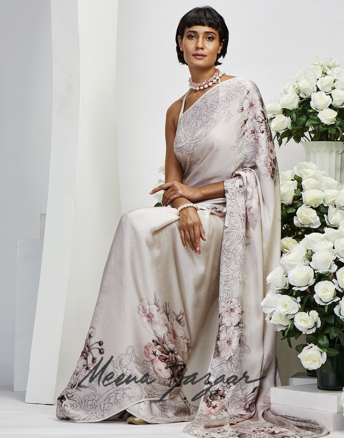 Cream Satin Printed Saree