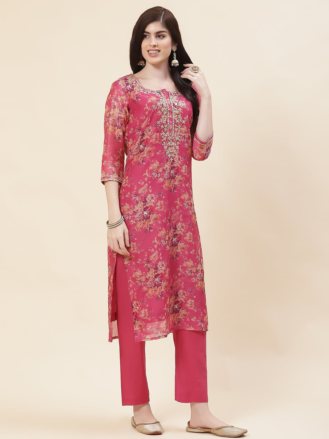 Printed Chanderi Kurta With Pants