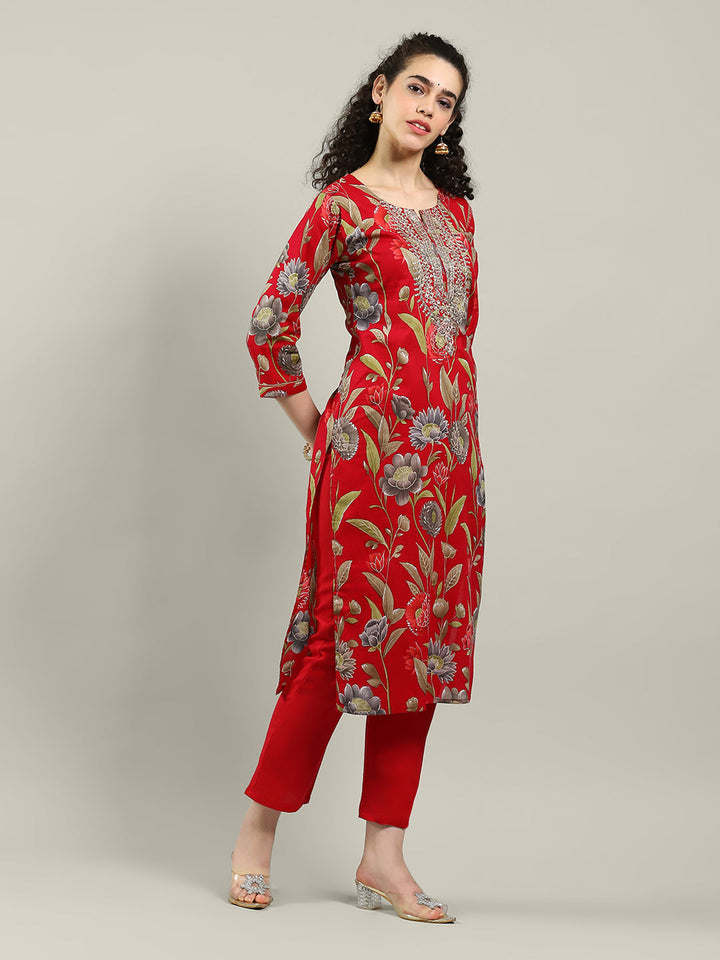 Neck Embroidered Cotton Blend Kurta With Pants