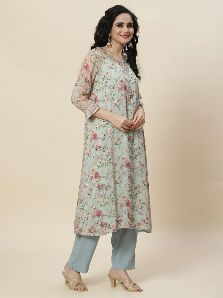 Floral Printed Organza Kurta With Palazzo &amp; Inner