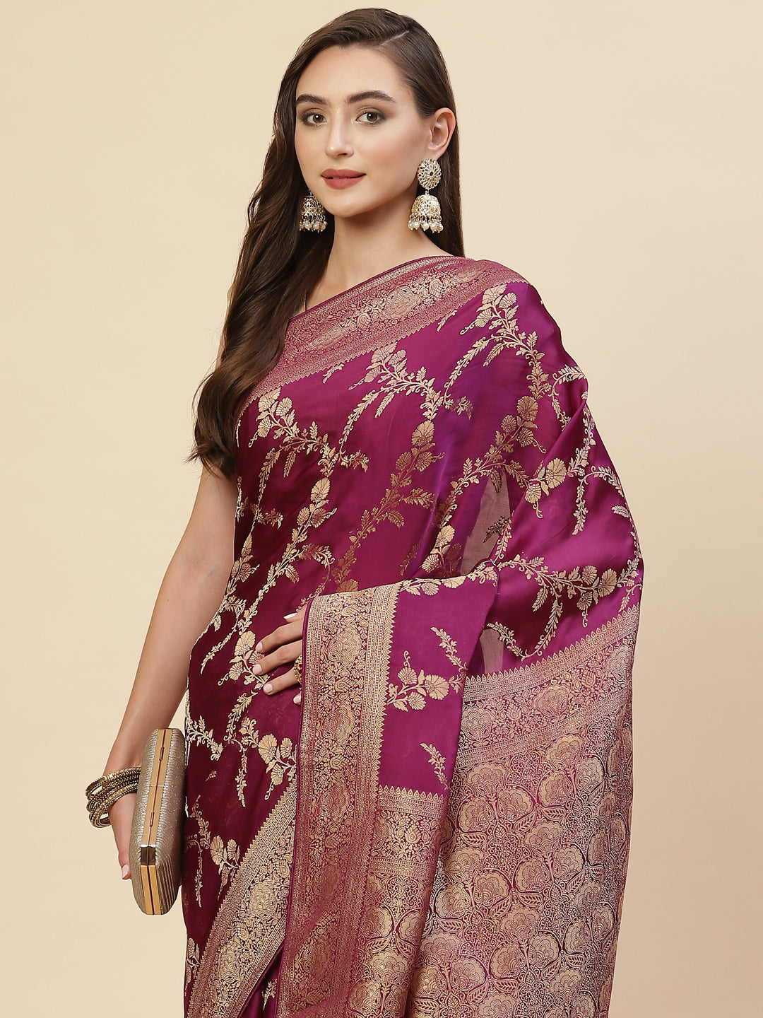 Floral Zari Jaal Satin Woven Saree